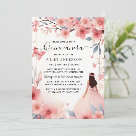 Naar Houten Boom Roze Girly Cherry Blossom Quincea Kaart (Staand voorkant)