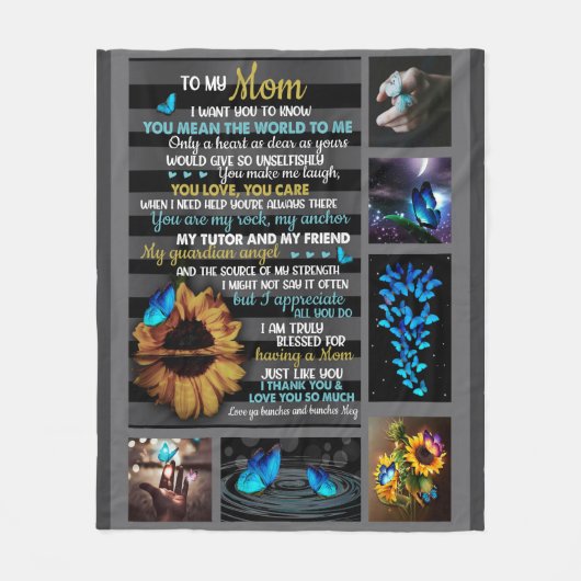 Naar mijn moeder, Zonnebloem, Vlinderbloem. Fleece Deken (Voorkant)