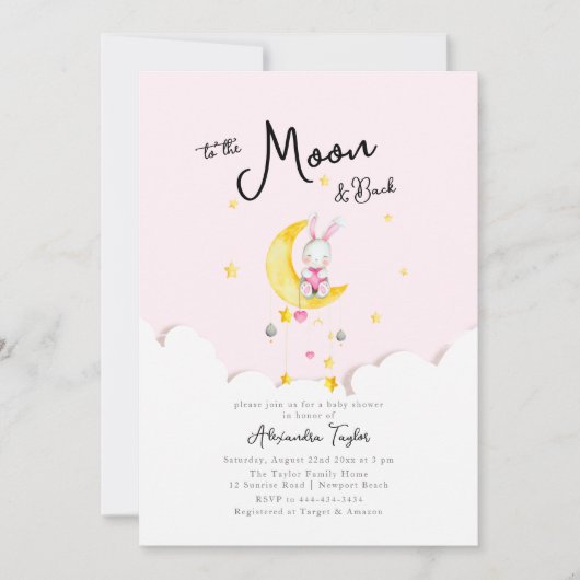 Naar Moon Back Rabbit Pink Heart Girl Baby shower Kaart (Voorkant)