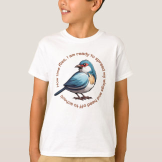 Naar school Kinder T-shirt blauw bruin vogeltje