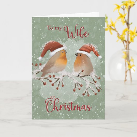 Naar vrouw bij Kerstmis Vogels met Kerstman hoeden Kaart (Gele Bloem)