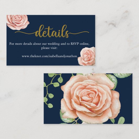 Nabestaany Blue Gold Blush Floral Wedding Website Informatiekaartje (Voorkant / Achterkant)