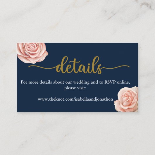 Nabestaany Blue Gold Blush Floral Wedding Website Informatiekaartje (Voorkant)