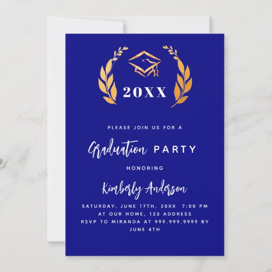 Naby blauw goud lauwerkrans 2025 Graduation Party Kaart (Voorkant)