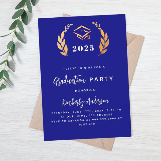 Naby blauw goud lauwerkrans 2025 Graduation Party Kaart