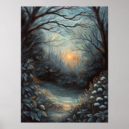Nacht Bos Zonsondergang Rivier Kunst Poster (Voorkant)