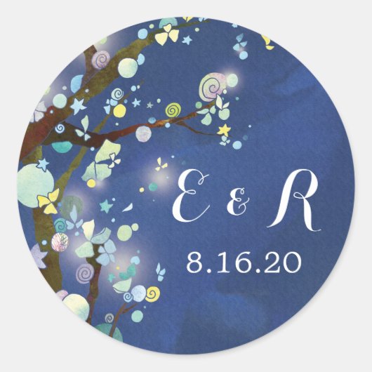 Nacht Forest Blue Wedding Monograms Ronde Sticker (Voorkant)