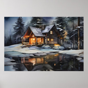 Nacht Gezellige Winter Cabin Poster