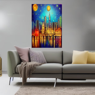 Nacht in de stad bij het meer   AI Art Poster