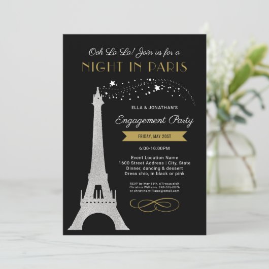 Nacht in Paris Eiffel Tower Gold Engagement Party Kaart (Staand voorkant)