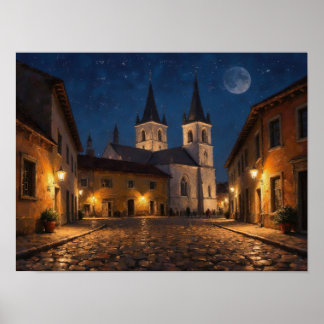 Nacht Kerkstraat Impressionistisch Olie Schilderij Poster