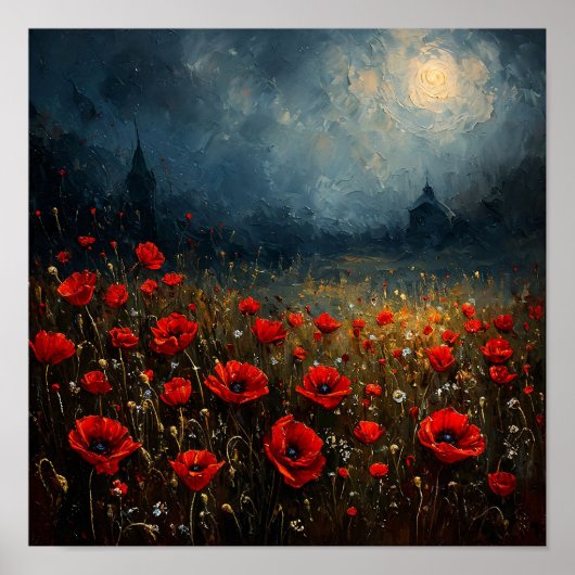 🌙 Nacht Klaprozenveld Onder Maneschijn Droomkunst Poster (Voorkant)