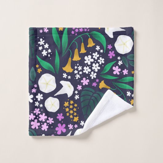 Nacht Maan Tuin Bloemen Botanisch Patroon Bad Handdoek (Wasdoekje)