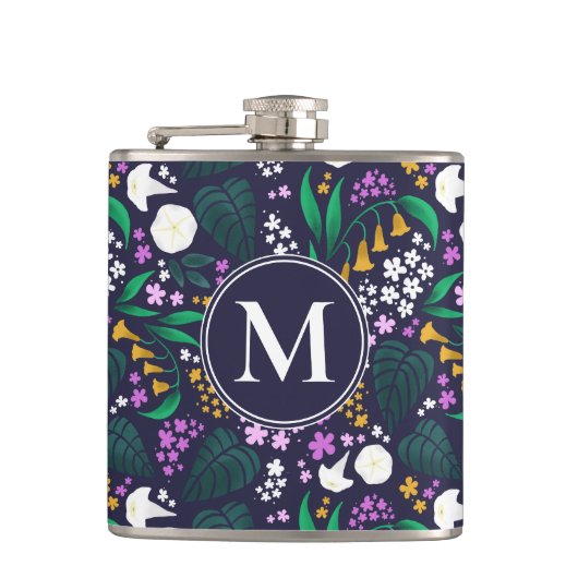 Nacht Maan Tuin Bloemen Botanisch Patroon Heupfles (Voorkant)