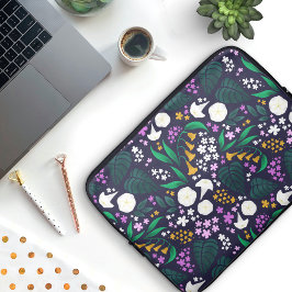 Nacht Maan Tuin Bloemen Botanisch Patroon Laptop Sleeve