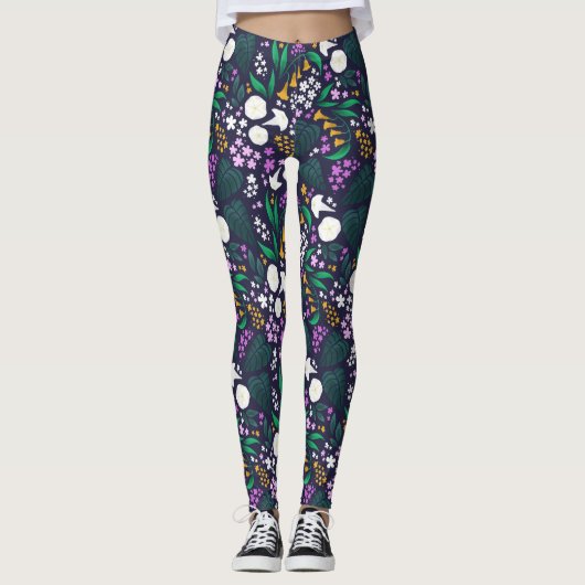 Nacht Maan Tuin Bloemen Botanisch Patroon Leggings (Voorkant)