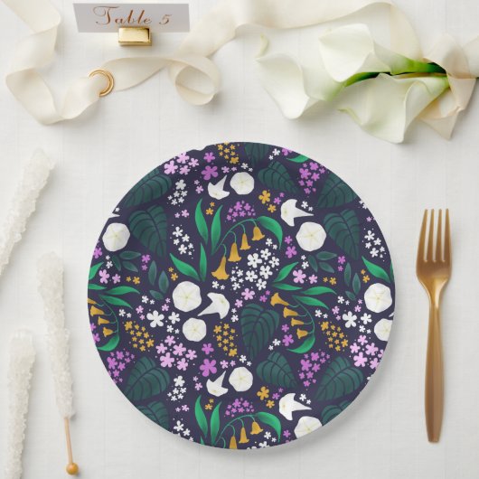 Nacht Maan Tuin Bloemen Botanisch Patroon Papieren Bordje (Huwelijk)