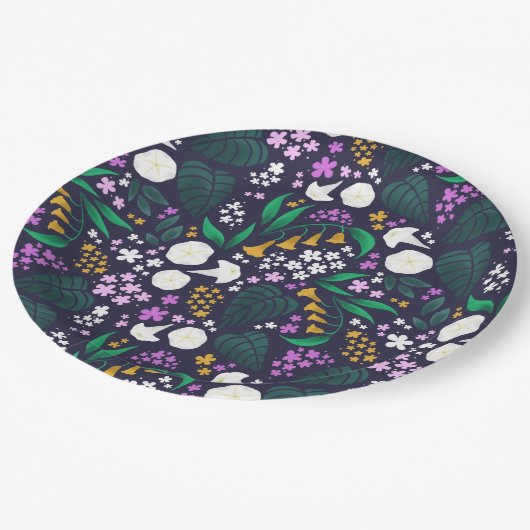 Nacht Maan Tuin Bloemen Botanisch Patroon Papieren Bordje (Gekanteld)