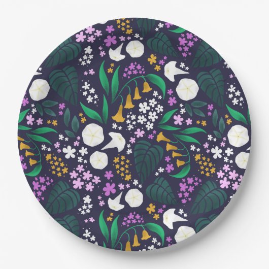 Nacht Maan Tuin Bloemen Botanisch Patroon Papieren Bordje (Voorkant)