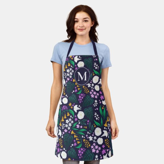 Nacht Maan Tuin Bloemen Botanisch Patroon Schort (Gedragen)