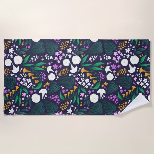 Nacht Maan Tuin Bloemen Botanisch Patroon Strandlaken (Voorkant)