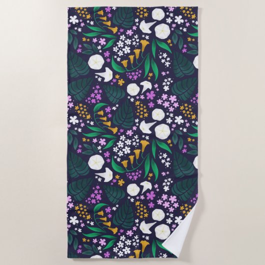 Nacht Maan Tuin Bloemen Botanisch Patroon Strandlaken (Voorkant)