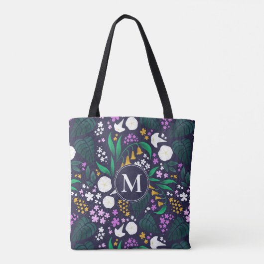 Nacht Maan Tuin Bloemen Botanisch Patroon Tote Bag (Achterkant)