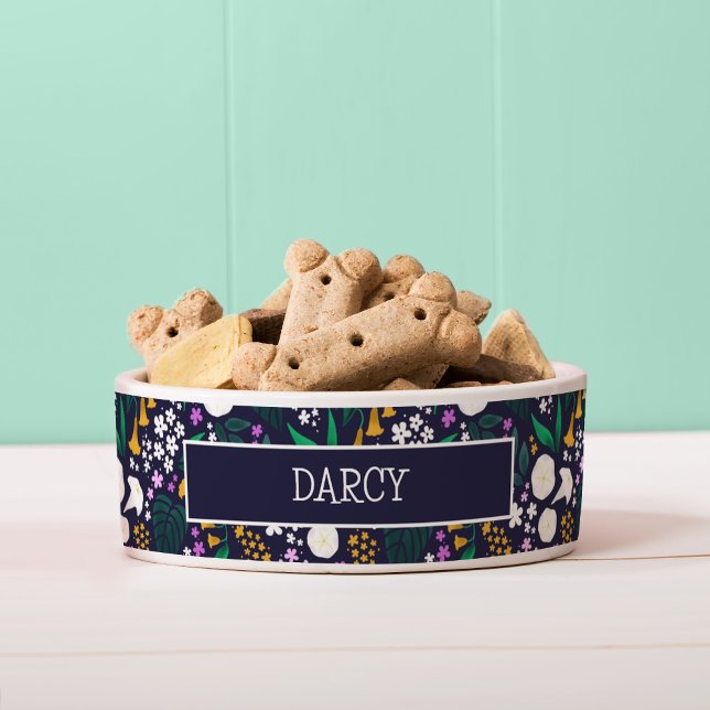 Nacht Maan Tuin Bloemen Botanisch Patroon Voerbakje (Moon Garden Dog Bowl with Nameplate)