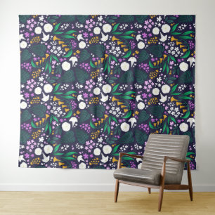Nacht Maan Tuin Bloemen Botanisch Patroon Wandkleed