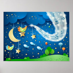 Nacht met muziek en vogels poster