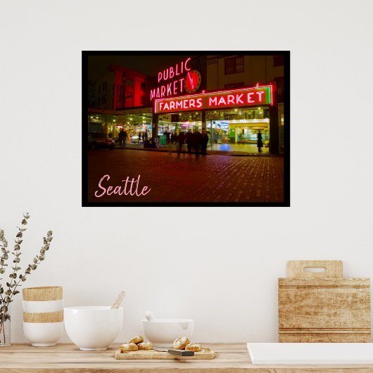 Nacht op de openbare markt van Seattle Poster (Keuken)