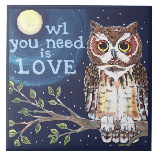 Nacht "Owl Love" Cute Humoureuze Owl Designer Tege Tegeltje (Voorkant)