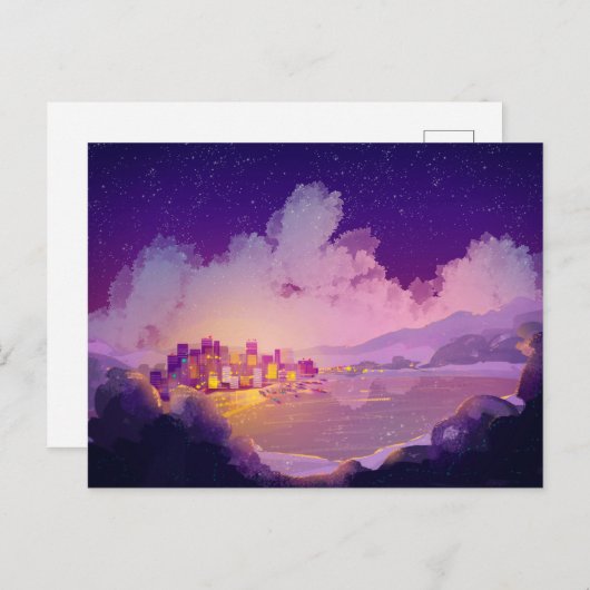 Nacht stad op de kust briefkaart (Voorkant / Achterkant)