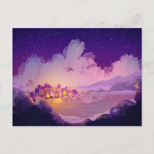Nacht stad op de kust briefkaart (Voorkant)