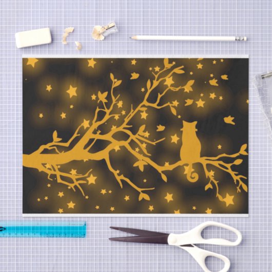 Nacht Stargazing Kat op een Boomtak Tissuepapier (Craft)