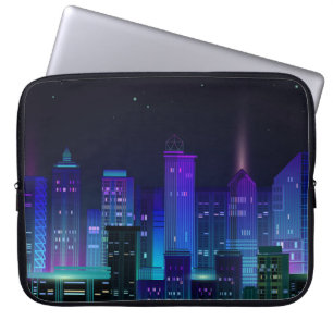 Nacht-stedelijk panorama met neongloed op donkere  laptop sleeve