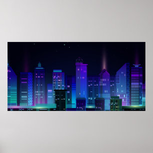 Nacht-stedelijk panorama met neongloed op donkere  poster