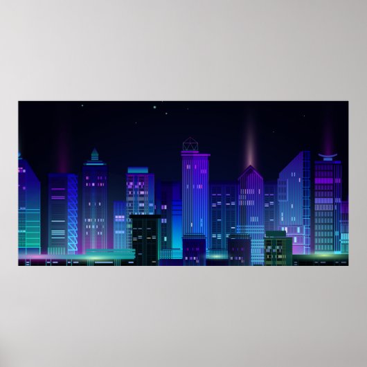 Nacht-stedelijk panorama met neongloed op donkere  poster (Voorkant)