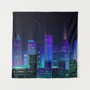 Nacht-stedelijk panorama met neongloed op donkere  wandkleed