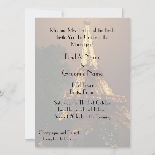Nacht Uitzicht Eiffel Tower Weddenschap Kaart (Voorkant)