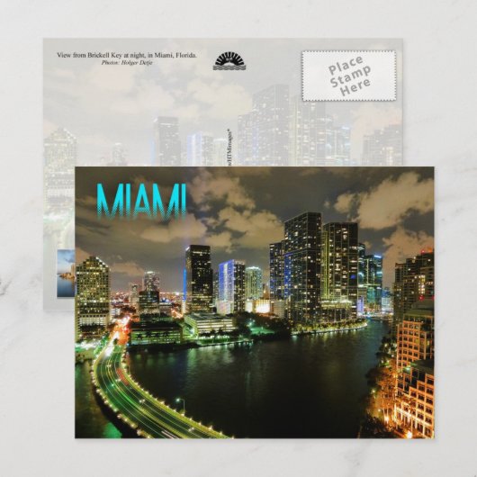 Nacht Uitzicht van Brickell Skyline in Miami, Flor Briefkaart (Voorkant / Achterkant)