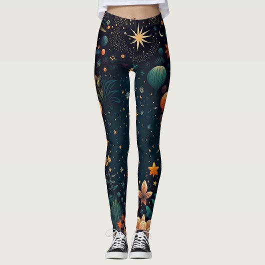 Nacht uur Floral en sterren Leggings (Voorkant)
