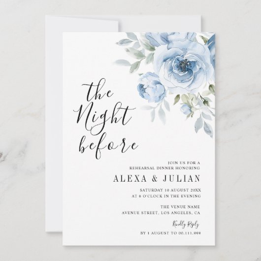Nacht voor het lichtblauwe bloemenrepetitiediner kaart (Voorkant)