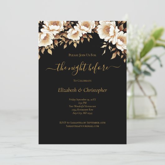 Nacht voor zwart goud bloemenrepetitie diner kaart (Staand voorkant)