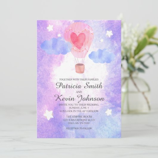 Nacht Waterverf Hete Luchtballon bruiloft Kaart (Staand voorkant)