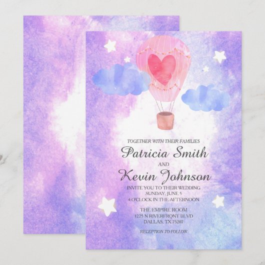 Nacht Waterverf Hete Luchtballon bruiloft Kaart (Voorkant / Achterkant)