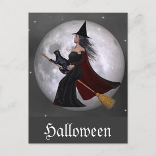 Nacht: Witch & Hare Cat Riding in de nacht Briefkaart