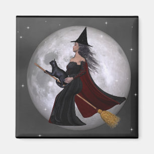 Nacht: Witch & Hare Cat Riding in de nacht Magneet
