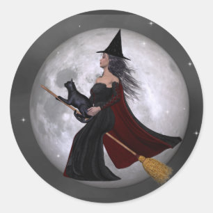 Nacht: Witch & Hare Cat Riding in de nacht Ronde Sticker