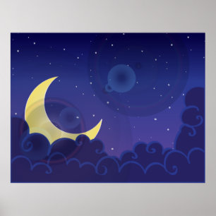 Nachtavond zondag maanmiddernacht blauw poster